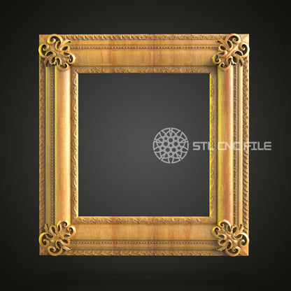 Elegant Square Mirror Frame STL Model with Ornamental Corners, CNC Router File
