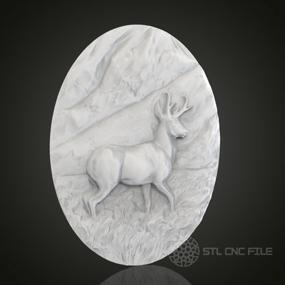 Mountain Deer Oval 3D Relief Art for CNC Router, Artcam, Aspire, Wall Decor, STL Model, Compatible with 3D Printers