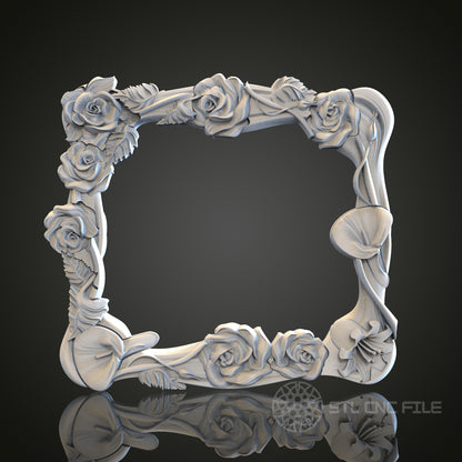 Floral Elegance - Roses 3D CNC Engraved Wood Frame, Artcam Aspire STL Model for CNC Router, Decorative Picture Frame