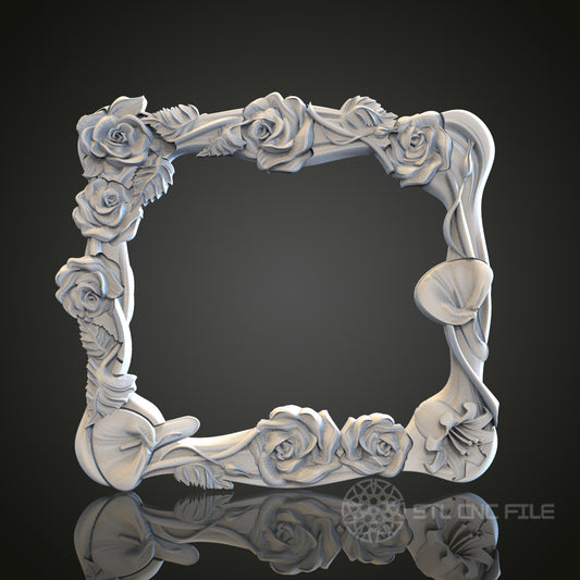 Floral Elegance - Roses 3D CNC Engraved Wood Frame, Artcam Aspire STL Model for CNC Router, Decorative Picture Frame