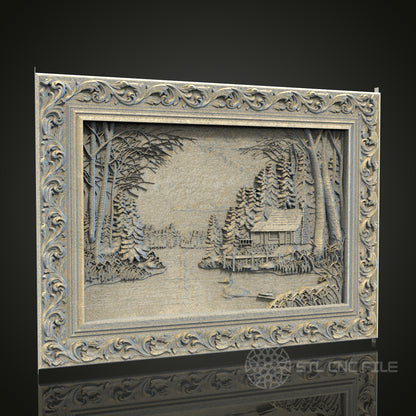 Serene Cabin by the Lake Relief STL Model for CNC and 3D Printing, Artcam, Aspire, Wall Decor