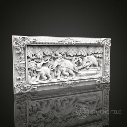 Elephant Jungle - 3D CNC Engraved Wood Panel, Artcam Aspire STL Model for CNC Router, Wildlife Art