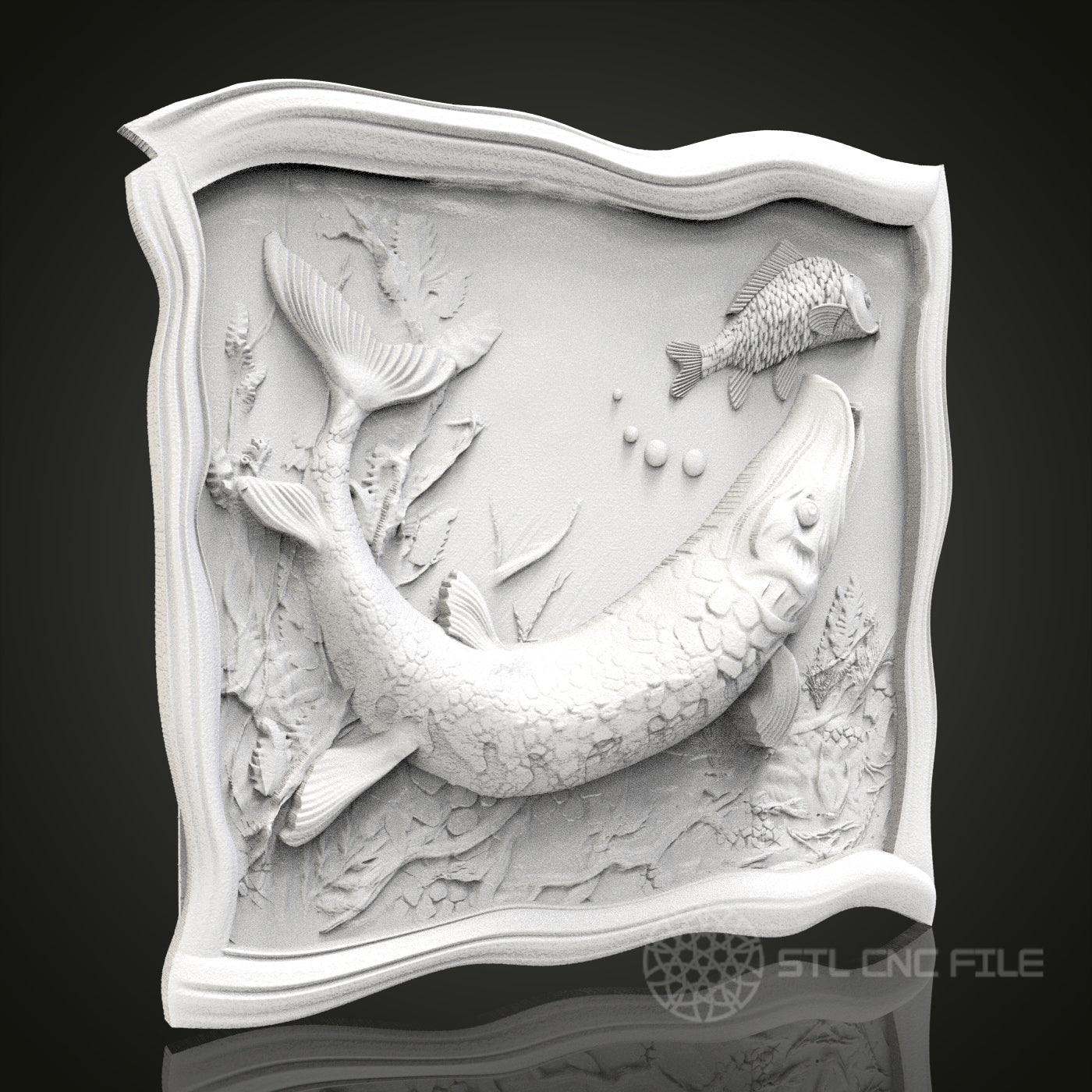 River Dance - Fish in River 3D CNC Engraved Wood Panel, Artcam Aspire STL Model for CNC Router, Peaceful Water Art