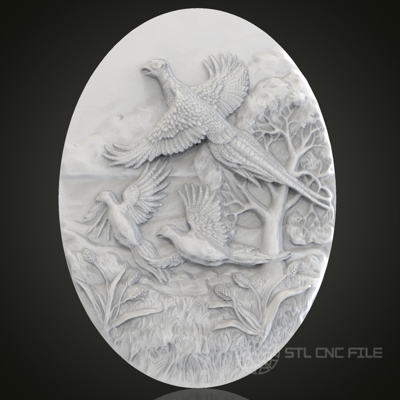 Birds in Flight Oval 3D Relief Art for CNC Router, Artcam, Aspire, Wall Decor, STL Model, Compatible with 3D Printers