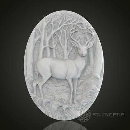 Forest Deer Oval 3D Relief Art for CNC Router, Artcam, Aspire, Wall Decor, STL Model, Compatible with 3D Printers