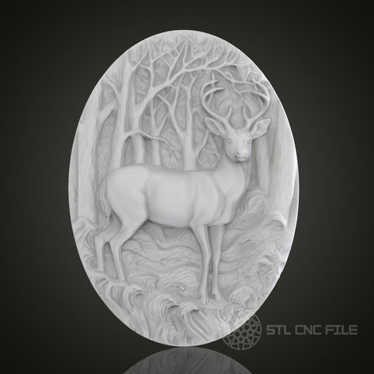 Forest Deer Oval 3D Relief Art for CNC Router, Artcam, Aspire, Wall Decor, STL Model, Compatible with 3D Printers