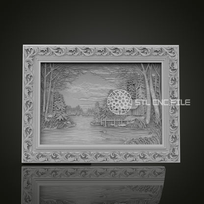 Winter Landscape Relief STL File, Scenic CNC Carving Design with Ornate Frame for Artcam, Aspire
