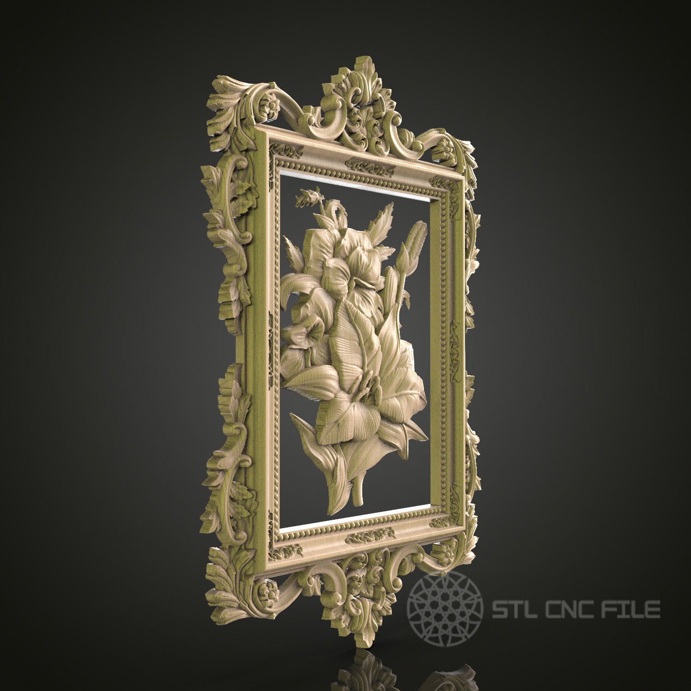 Floral Relief Picture Frame 3D Model STL File, Luxurious Baroque Frame for CNC Router – Compatible with Artcam, Aspire