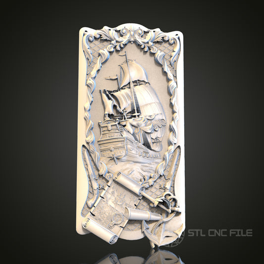 Vintage Sailing Ship 3D STL File, CNC and 3D Printer Model, Nautical Art, Artcam Aspire, Maritime Wall Decor