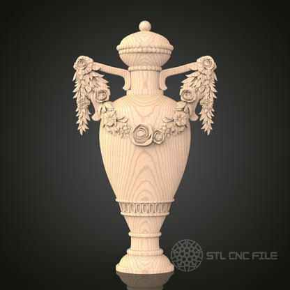 Floral Adorned Urn 3D Model STL File, Classical Vase Design for CNC Router – Compatible with Artcam, Aspire