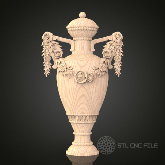 Floral Adorned Urn 3D Model STL File, Classical Vase Design for CNC Router – Compatible with Artcam, Aspire