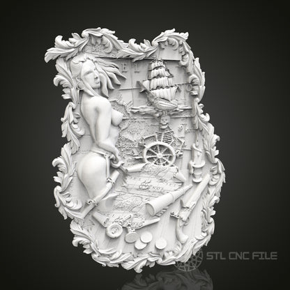 Pirate's Treasure - Nautical 3D CNC Engraved Wood Panel, Artcam Aspire STL Model for CNC Router, Maritime Adventure Art