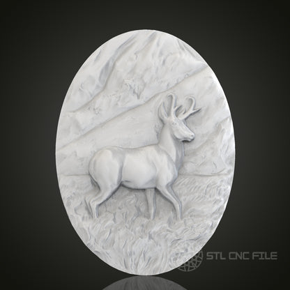 Mountain Deer Oval 3D Relief Art for CNC Router, Artcam, Aspire, Wall Decor, STL Model, Compatible with 3D Printers