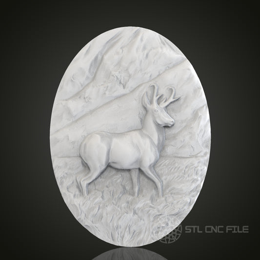 Mountain Deer Oval 3D Relief Art for CNC Router, Artcam, Aspire, Wall Decor, STL Model, Compatible with 3D Printers