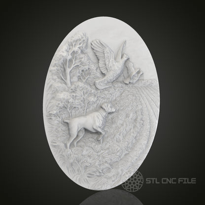 Hunting Scene Oval 3D Relief Art for CNC Router, Artcam, Aspire, Wall Decor, STL Model, Compatible with 3D Printers