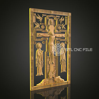 Crucifixion Scene CNC Engraved Panel - Detailed Religious Art, Spiritual Wood Carving