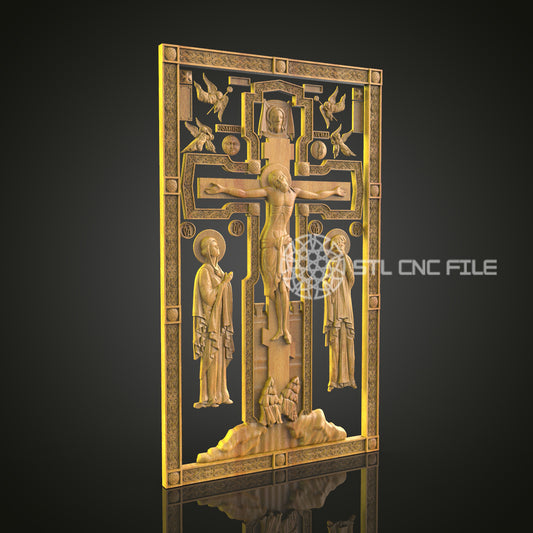Crucifixion Scene CNC Engraved Panel - Detailed Religious Art, Spiritual Wood Carving