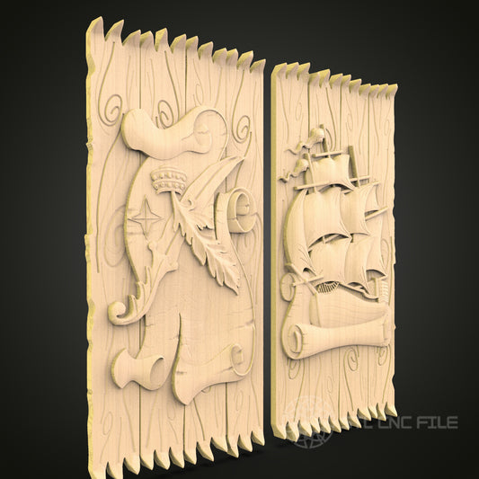 Nautical Themed CNC Carving STL File - Ship and Ocean Waves Design, Compatible with Artcam, Aspire