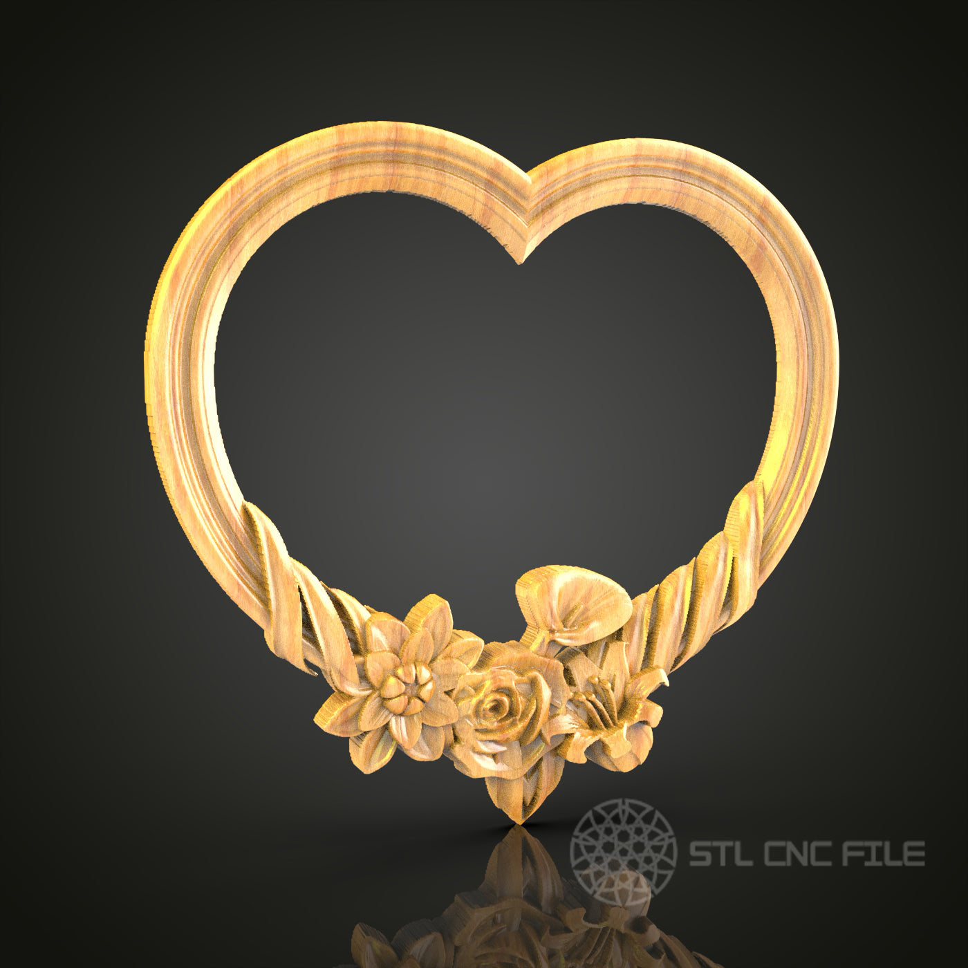 Floral Heart - Romantic 3D CNC Engraved Wood Panel, Artcam Aspire STL Model for CNC Router, Love Inspired Wall Decor