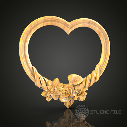 Floral Heart - Romantic 3D CNC Engraved Wood Panel, Artcam Aspire STL Model for CNC Router, Love Inspired Wall Decor