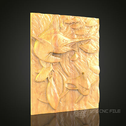 Marlin and Fish Relief STL Model for CNC Router - Artcam, Aspire Compatible, Marine Life Wood Carving