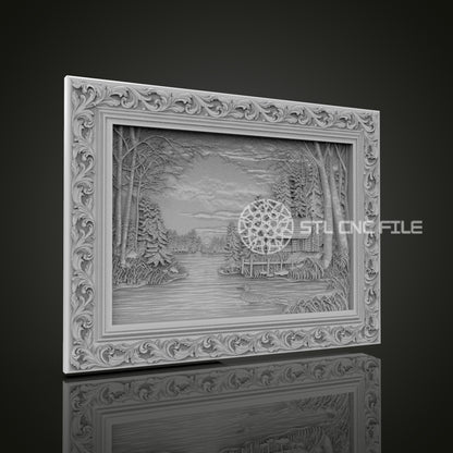 Winter Landscape Relief STL File, Scenic CNC Carving Design with Ornate Frame for Artcam, Aspire