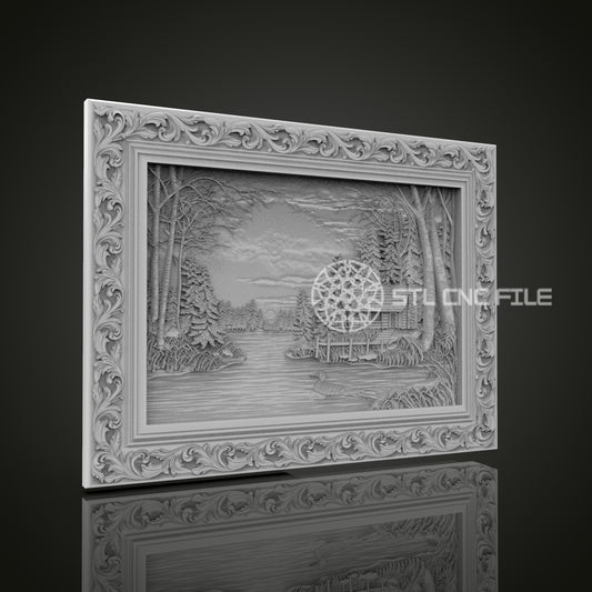 Winter Landscape Relief STL File, Scenic CNC Carving Design with Ornate Frame for Artcam, Aspire