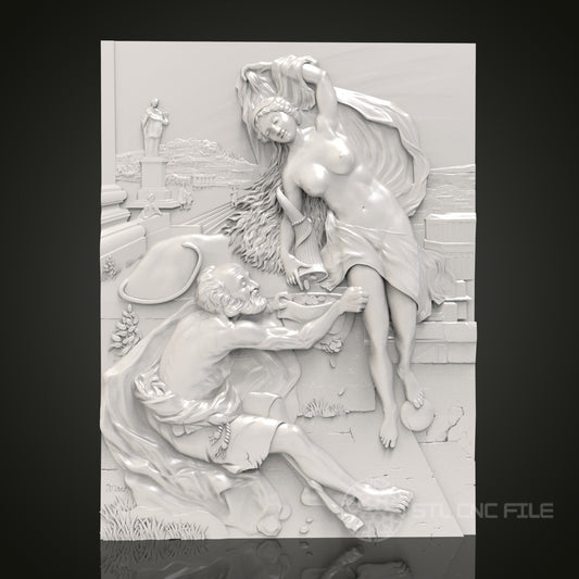 Mythical Encounter - Satyr and Nymph 3D CNC Engraved Wood Panel, Artcam Aspire STL Model for CNC Router, Classical Mythology Art