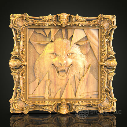 Intense Wolf Relief STL Model for CNC Router - Artcam, Aspire Compatible, Fierce Wood Carving in Ornate Frame