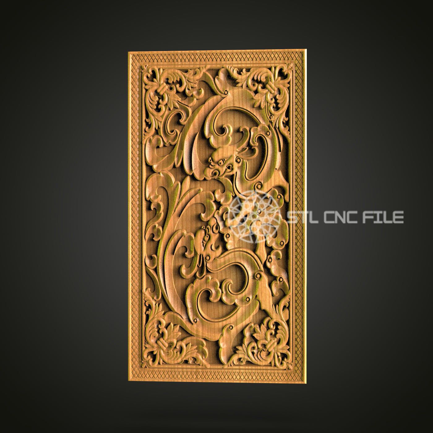 Renaissance Style Rectangular Panel STL File for CNC Router - Intricate Wood Carving Design for Sophisticated Home Decor
