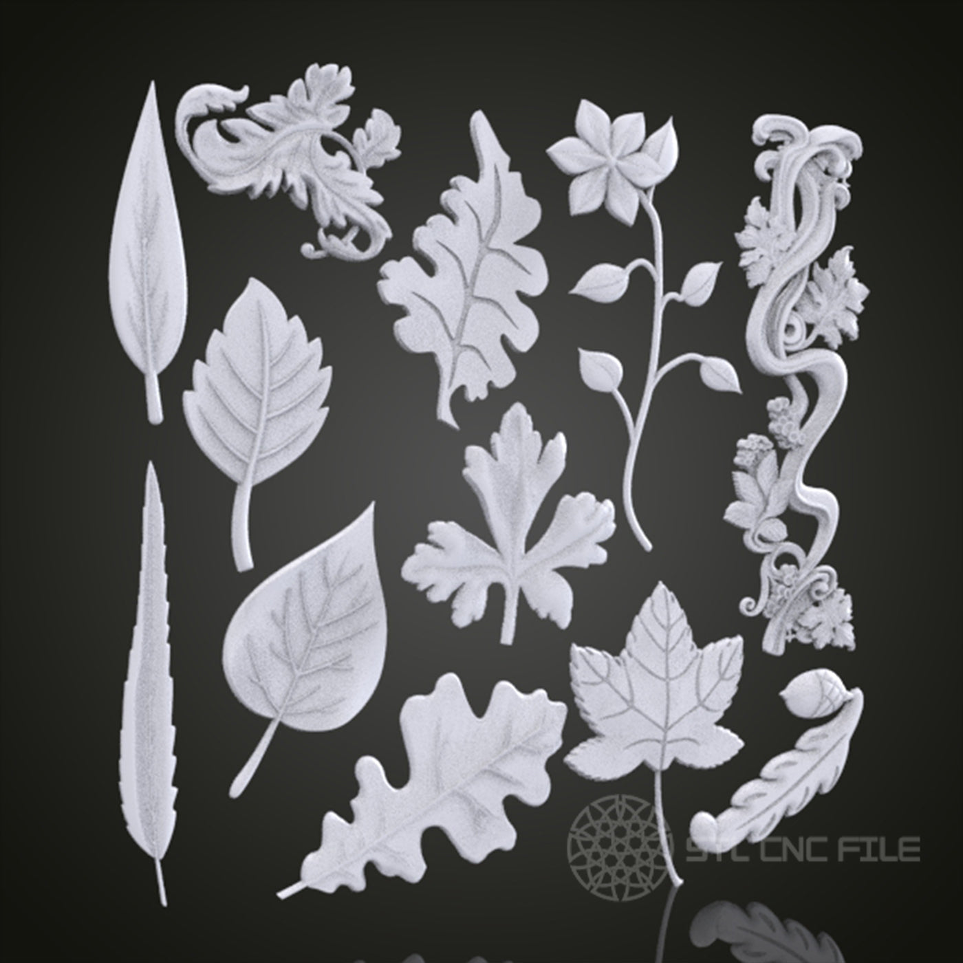 Collection of Leaf and Floral 3D Relief Designs for CNC Router, Artcam, Aspire, Wall Decor, STL Models, Compatible with 3D Printers