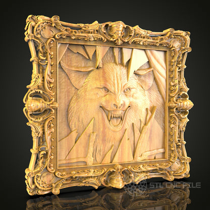 Intense Wolf Relief STL Model for CNC Router - Artcam, Aspire Compatible, Fierce Wood Carving in Ornate Frame