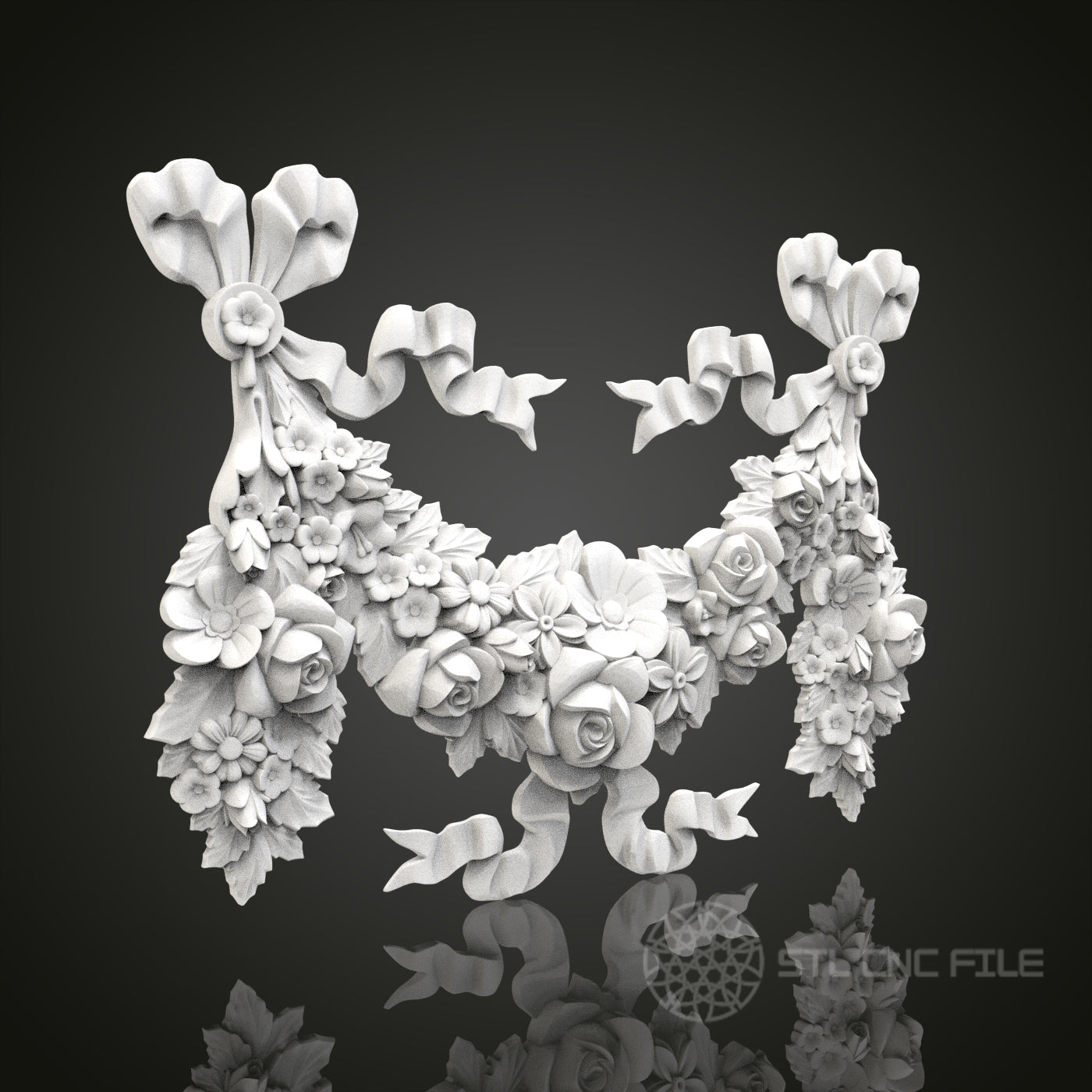 Floral Symphony - Garland and Ribbons 3D CNC Engraved Wood Panel, Artcam Aspire STL Model for CNC Router, Decorative Botanical Art