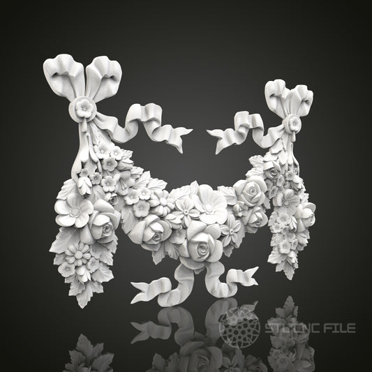 Floral Symphony - Garland and Ribbons 3D CNC Engraved Wood Panel, Artcam Aspire STL Model for CNC Router, Decorative Botanical Art