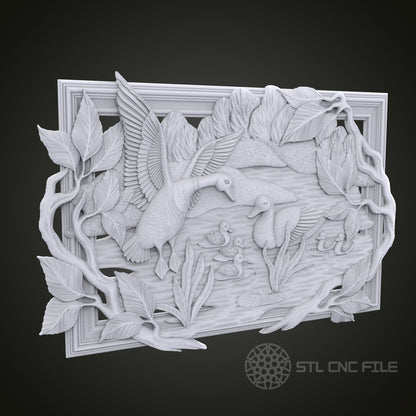 Duck Family 3D Relief Art for CNC Router, Artcam, Aspire, Wall Decor, STL Model, Compatible with 3D Printers