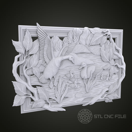 Duck Family 3D Relief Art for CNC Router, Artcam, Aspire, Wall Decor, STL Model, Compatible with 3D Printers