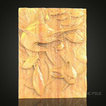 Marlin and Fish Relief STL Model for CNC Router - Artcam, Aspire Compatible, Marine Life Wood Carving