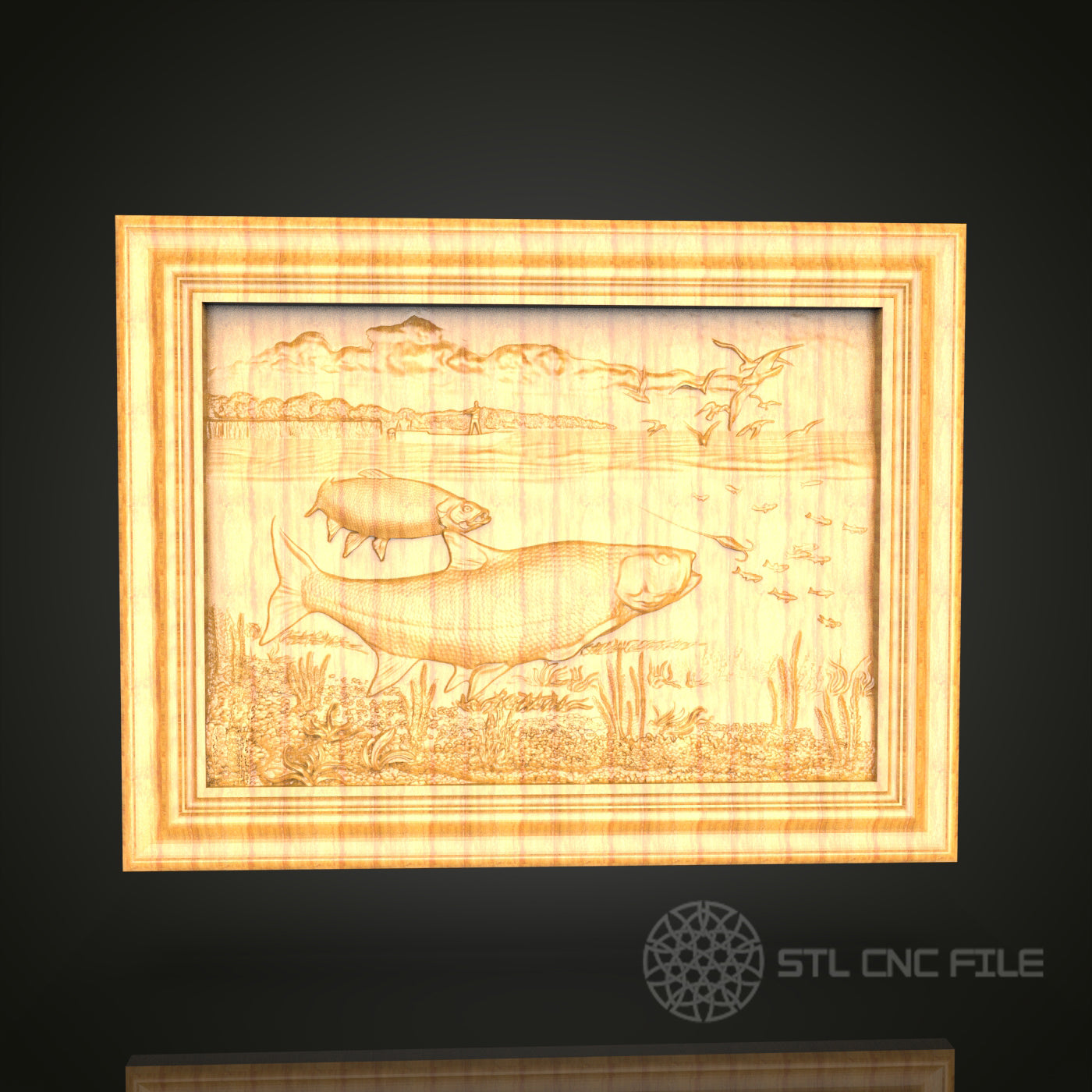 Lakeside Fishing Scene 3D STL Model - CNC Router File for Aquatic Wood Carving, Nature-Inspired Decor