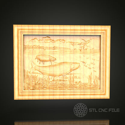 Lakeside Fishing Scene 3D STL Model - CNC Router File for Aquatic Wood Carving, Nature-Inspired Decor