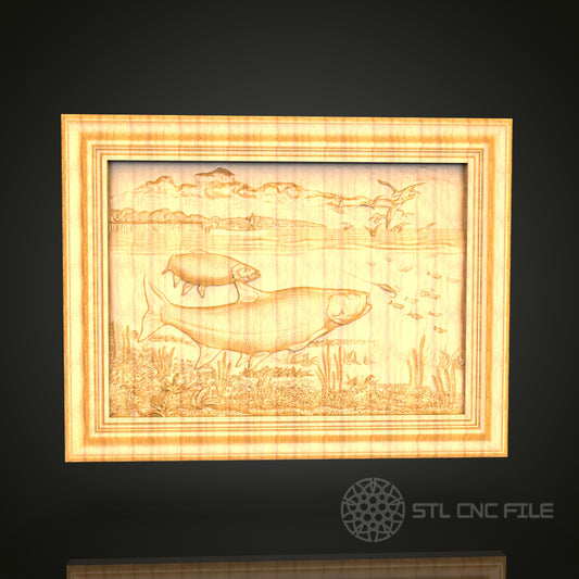 Lakeside Fishing Scene 3D STL Model - CNC Router File for Aquatic Wood Carving, Nature-Inspired Decor
