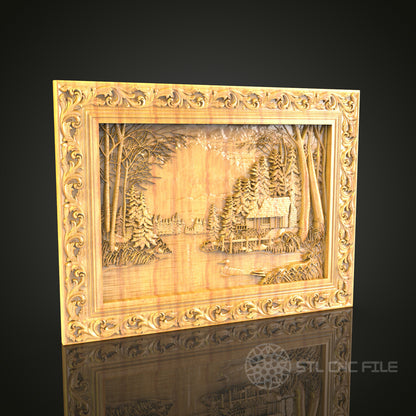 Winter Cabin in the Woods Wall Art - 3D STL File for CNC Wood Carving