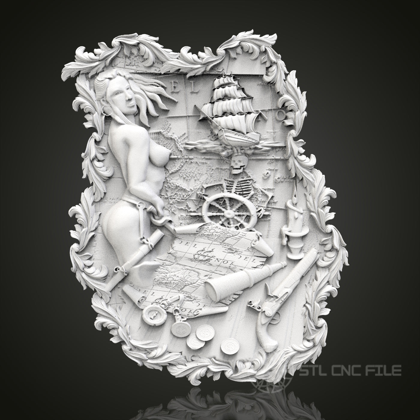 Pirate's Treasure - Nautical 3D CNC Engraved Wood Panel, Artcam Aspire STL Model for CNC Router, Maritime Adventure Art