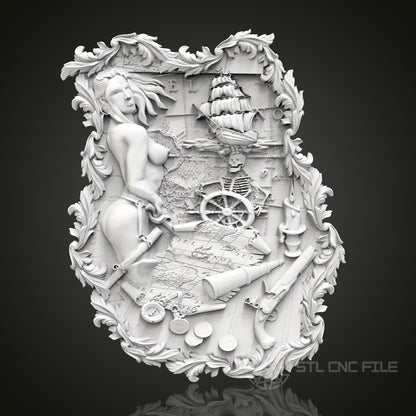 Pirate's Treasure - Nautical 3D CNC Engraved Wood Panel, Artcam Aspire STL Model for CNC Router, Maritime Adventure Art