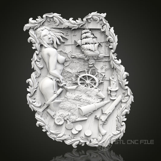 Pirate's Treasure - Nautical 3D CNC Engraved Wood Panel, Artcam Aspire STL Model for CNC Router, Maritime Adventure Art