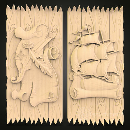 Nautical Themed CNC Carving STL File - Ship and Ocean Waves Design, Compatible with Artcam, Aspire