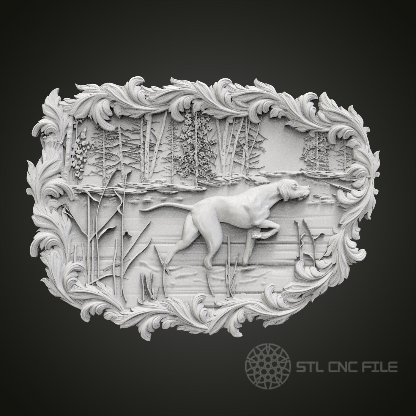 Detailed Hunting Dog Scene STL Model for CNC Router Engraver, Artcam, Aspire, Wood Art Wall Decor