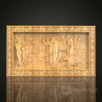 Adam and Eve Biblical Scene 3D Relief STL File for CNC, Religious Wood Wall Art
