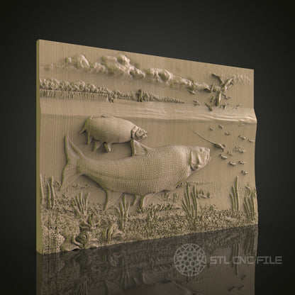 Fish Underwater Relief Art STL Model for CNC Router Engraver - Wood Art Wall Decor - 3D Printer File for Artcam and Aspire