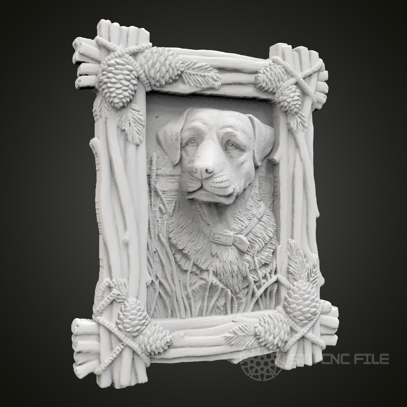 Charming Dog Portrait in Rustic Frame STL Model for CNC Router Engraver, Artcam, Aspire, Wood Art Wall Decor