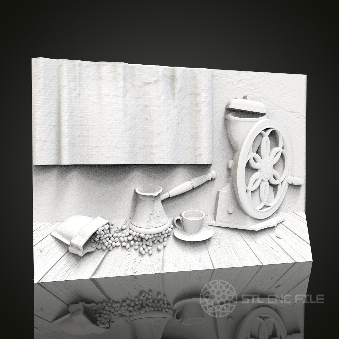 Rustic Coffee Grinder Relief - 3D CNC Engraved Wood Panel, Artcam Aspire STL Model for CNC Router, Coffee Lover's Wall Art